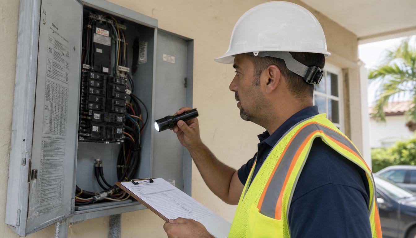 Licensed electrician inspecting an electrical panel for code compliance in South Florida