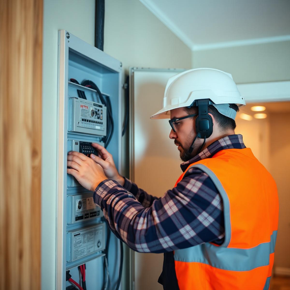 Electrical professional working with panel equipment during hands-on training