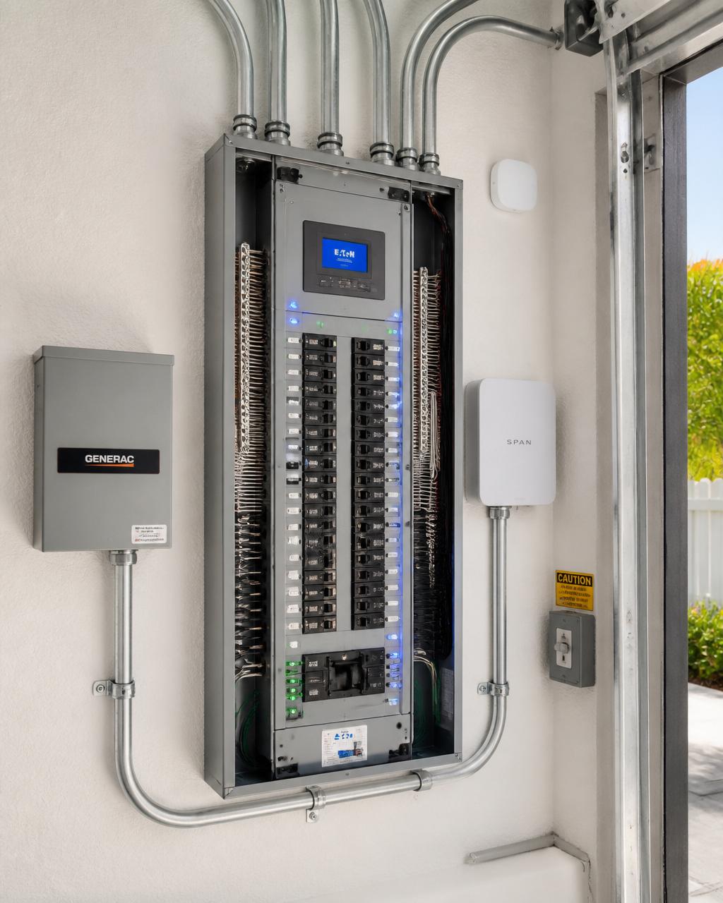 Modern electrical panel upgrade with smart monitoring and organized breakers in a South Florida home